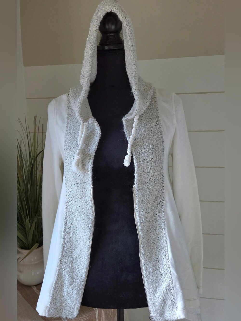 Free People S Cream Boho Boucle Zip Up Hoodie Cotton Knit Flared Cardigan Jacket